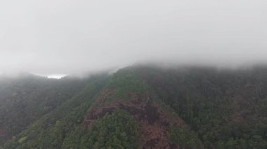 Puslu beyaz sis, Koh Chang 'deki yeşil dağ yamaçlarını yavaş yavaş kaplıyor. Kısmen karanlık tropikal kıyı şeridi dramatik hava dönüşümüyle yuvarlanan bulutların altındaki huzurlu manzarayı ortaya çıkarıyor