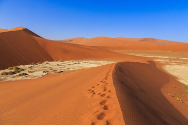Kum tepesinden Sossusvlei 'nin tuz tepesine inanılmaz bir manzara. Namib Naukluft Ulusal Parkı. Sossusvlei 'deki kum tepeleri. Gün doğumu. Namibya. Afrika.