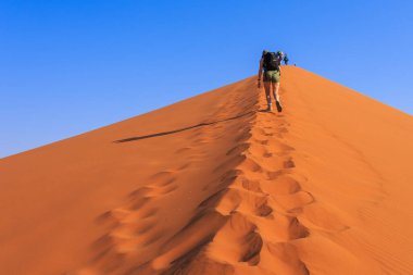 Sossusvlei, Namibya - 30 Eylül 2018: Meşhur kum tepesi 45 'te turist. Namib Çölü 'nün güneyindeki Namib-Naukluft Ulusal Parkı' nda..