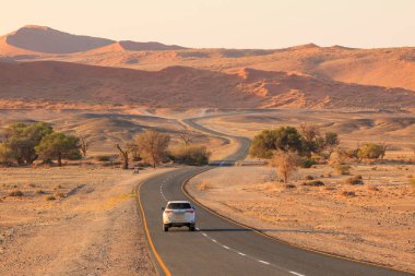 Sossusvlei, Namibya - 30 Eylül 2018: Namibya 'nın Namib-Naukluft Ulusal Parkı' ndaki Namib Çölü 'nün güney kesiminde yer alan Soussusvlei' ye giden asfalt yol.