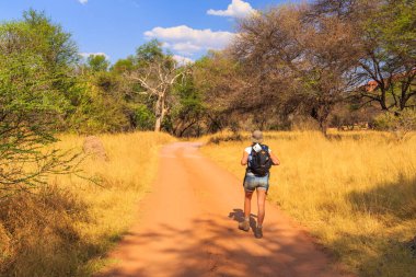 Waterberg - 09 October 2018: Girl on the Andersson Trail in Waterberg Plateau National Park, Kalahari, Otjiwarongo, Namibia, Africa. Beautiful african landscape.