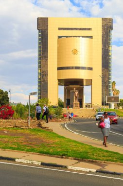WINDHOEK, NAMIBIA - 10 October 2018: The Museum of Independence along with the Memorial Statue of the Fight for Indepence in Windhoek.