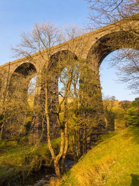 Cumbria 'daki Ribblehead Viaduct manzarası. Yorkshire Dales 'deki yeşil tepeler, kırsal alan, Kuzey İngiltere.