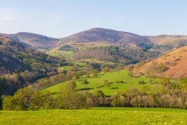 Llangollen kasabasındaki yeşil tepelerin manzarası. Güneşli bir bahar günü. Llangollen, Denbighshire, Galler, İngiltere.