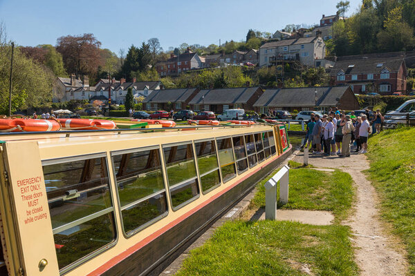 Llangollen, Dengighshire Wales - 21 April 2019: Narrow boats on the Llangollen Canal as it crosses the Pontcysyllte aquaduct, a world heritage site.