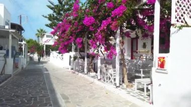 Antiparos Limanı, Antiparos Adası, Yunanistan - 28 Eylül 2020: Eski şehrin Dar Caddesi. Geleneksel, geniş mimari ve beyaz eklemli taş bir yol..