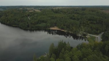 Aerial shot of Wegorzyno lake. Late evening scenery. Moody light. Early autumn. Kashubia, Poland