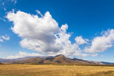Ermeni Kafkasya dağlarının manzarası. Sarı altın çimenler, yaban arazisi ve mavi gökyüzü. Sonsuz tarlalar. Ermenistan.