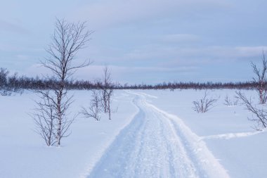 Kışın güneşli bir günde karlı bir manzara. Karda işaretli yol. Kiruna, Laponya, İsveç.