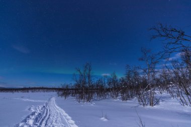 Kışın güneşli bir günde karlı bir manzara. Karda işaretli yol. Kiruna, Laponya, İsveç.