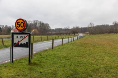 Kivik, İsveç, 07 Mart 2020, asfalt yolu, Kivik kasabasının sonu ve hız limiti 50. Orman, arka tarafta. Bulutlu, yağmurlu bir gün.