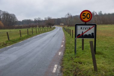 Kivik, İsveç, 07 Mart 2020, asfalt yolu, Kivik kasabasının sonu ve hız limiti 50. Orman, arka tarafta. Bulutlu, yağmurlu bir gün.
