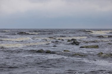 İsveç 'in güneyindeki Baltık Denizi' nin kayalık kıyıları, Scania, Kivik. Bulutlu bahar günü.