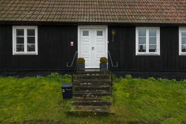 Kivik, İsveç - 07 Mart 2020: İsveç 'in güneyinde küçük bir kasabada beyaz kapılı ve panjurlu geleneksel siyah ahşap ev. Neden?