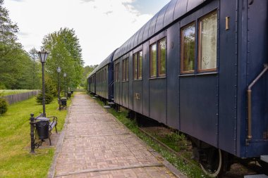 Podlasie, Polonya - 3 Haziran 2021: Bialowieza Towarowa istasyonuna park etmiş tarihi mavi tren vagonları yemyeşil orman ortamında. Sadece editör kullanımı.