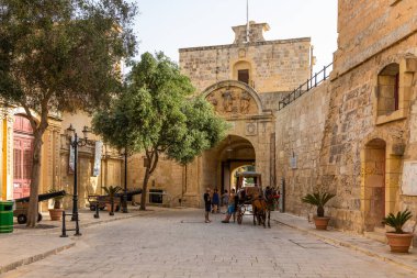 Mdina, Malta - 22 Haziran 2021: Turistler ve tarihi Mdina Kapısı 'nda taş duvarlar ve yakınlarındaki eski toplarla birlikte bir at arabası.