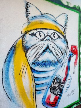 Odesa, Ukrayna - Mayıs 2023: Duvara grafiti, askeri kedi, mavi ve sarı renkler. Kavramsal sokak sanatı, bina cephesi, sanat dekorasyonu. Ukrayna 'da savaş kavramı.