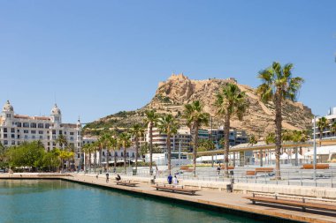 ALICANTE, İSPAN - 5 Temmuz 2023: iskele tarafı ispanya, Alicante. Marinaya yakın kaldırımlar, palmiye ağaçları, arka planda tarihi binalar. Yürüyen insanlar.