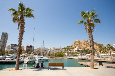 Alicante, İspanya - 5 Temmuz 2023, Alicante, İspanya 'da yatları olan liman, dinlenen turistler. Boş bank ve palmiye ağaçları, güneşli bir gün. Costa Blanca turizm merkezi.