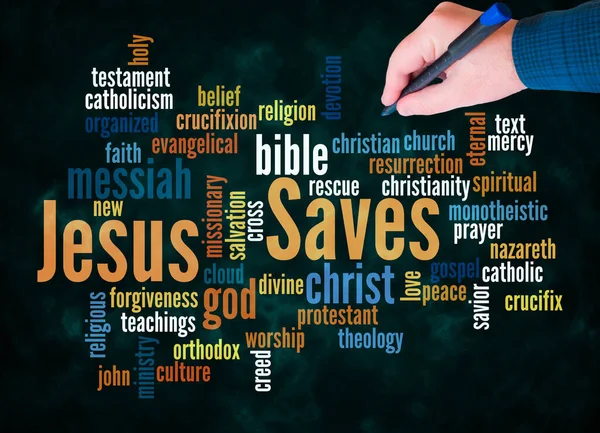 带有Jesus Saves概念的Word Cloud只使用文本创建 — 图库照片