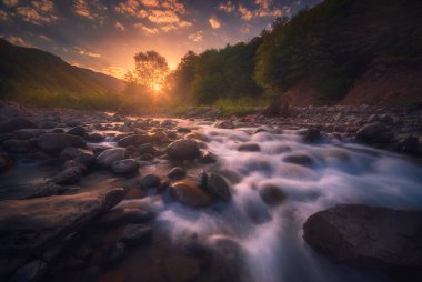 Güzel güneşli yaz manzarası. Hızlı akan dağ nehri.