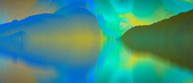 Sihirli dünya. Soyut manzara, gerçeküstü göl ve yansımalar. sanat, yaratıcılık ve hayal gücü. 3d illüstrasyon.