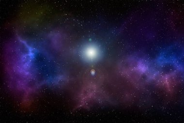 Yıldız tozu ve parlayan yıldızlarla dolu bir arka plan. Gerçekçi kainat ve renkli nebula. Renkli galaksi. 3d illüstrasyon.