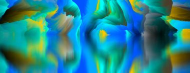 Sihirli dünya. Soyut manzara, gerçeküstü göl ve yansımalar. sanat, yaratıcılık ve hayal gücü. 3d illüstrasyon.