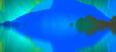 Sihirli dünya. Soyut manzara, gerçeküstü göl ve yansımalar. sanat, yaratıcılık ve hayal gücü. 3d illüstrasyon.