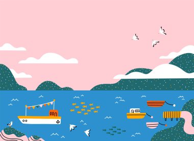 Güzel bir körfezi, bir gemisi, balıkçı tekneleri, her yerde uçan martıları ve balık okulları, şirin karalama vektör çizimleri olan karikatür manzarası.