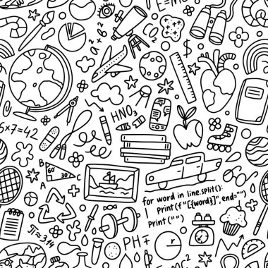 Okula, çalışma ve öğrenmeyle ilgili çeşitli karalamalarla birlikte, siyah beyaz vektör desenli. Çizgi film ana hatları