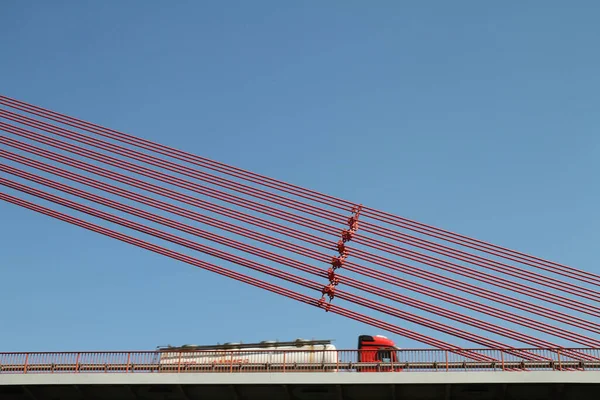 Construcción Cuerda Roja Brillante Del Puente Del Rin Cerca Speyer —  Fotos de Stock