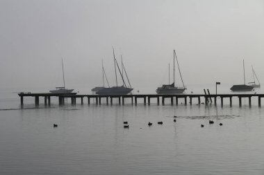 Sabah sisinde Ammersee Gölü 'nde yelkenli tekneler.