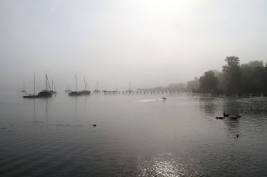 Sabah sisinde Ammersee Gölü 'nde yelkenli tekneler.