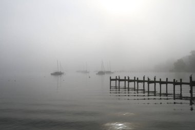 Sabah sisinde Ammersee Gölü 'nde yelkenli tekneler.
