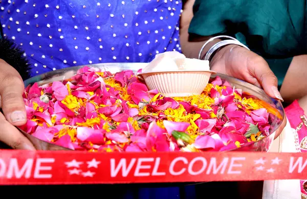 stock image Cutting Ribbon in Indian Wedding Ritual Welcome Ceremony