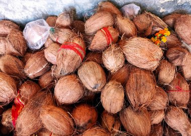 Bir yığın kurutulmuş hindistan cevizi lifli kabuklar, bazıları kırmızı kutsal ipliklerle bağlanmış, duvara yaslanmış.