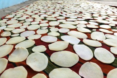 İnce dilimler halinde çiğ patatesler, güneşte kurutmak için renkli bir beze yayılır. Ev yapımı patates cipsi veya gofret hazırlamak için geleneksel bir Hint metodu..