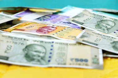 Yeni Hint para birimi banknotlarının düzgünce dizilişi 50,100,200 ve 500 rupi.