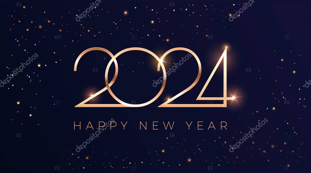 Luxury 2024 Happy New Year greeting card - vector background of golden 2024 logo numbers on black background - perfect typography for 2024 save the date luxury designs and new year celebration