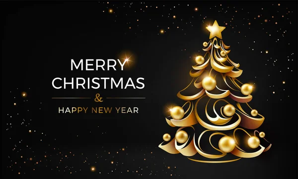 Siyah zemin üzerinde altın noel ağacı olan Noel arkaplanı - lüks soyut noel vektör çizimi