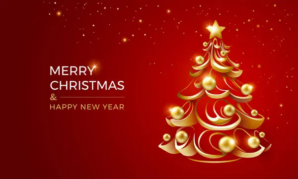 新年明けましておめでとうございます 赤い背景 モダンなトレンディなスタイルの雪で星と黄金のボールの装飾が付いている黄金のクリスマスツリー クリスマスデコレーション ベクトルイラスト — ストックベクタ