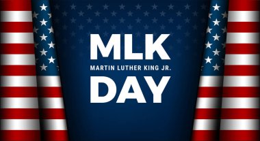 MLK Günü yazı tipi tebrik kartı tasarımı. Martin Luther King Jr. Gündüz harfleri ve ABD bayrağı, koyu mavi vektör arka plan 