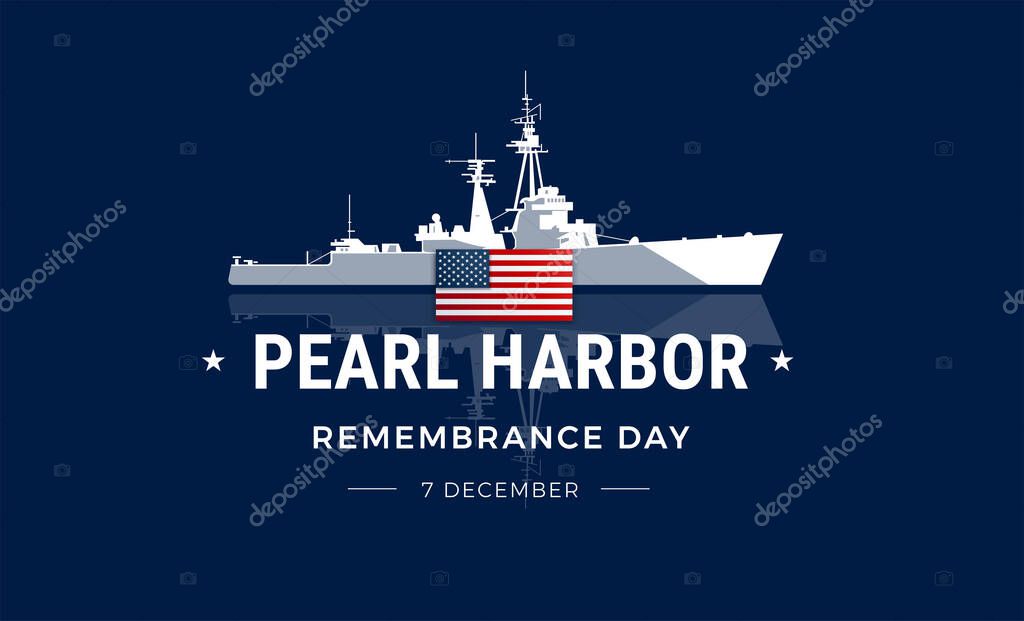 Pearl Harbor remembrance day background with the US flag and Pearl Harbor lettering and the battleship on dark blue background - vector illustration