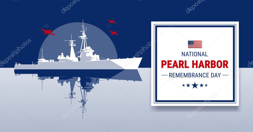 National Pearl Harbor Remembrance Day concept. Template for background, banner, card, poster with Pearl Harbor attack illustration, battleship, airplanes, text inscription. Vector illustration
