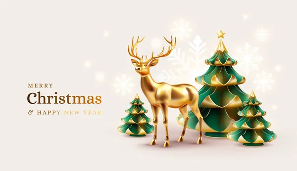 Noel arkaplanı. Noel ağacı ve ren geyiği, kar taneleri kış Xmas arka planı altın rengi. - Mutlu yıllar. Vektör illüstrasyonu
