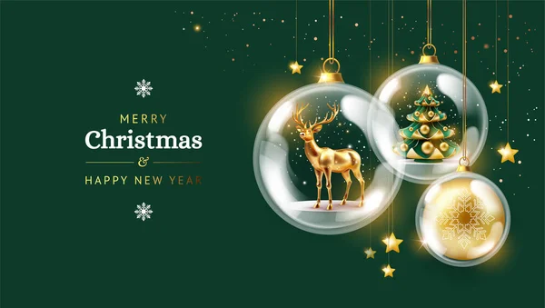 Vánoční Přání Pozadí Vánoční Stromeček Jelen Vánoční Míče Zlaté Ozdoby — Stockový vektor