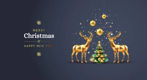 Elegante Tarjeta Navidad Con Ciervos Navidad Dorados Árbol Navidad Sobre — Vector de stock