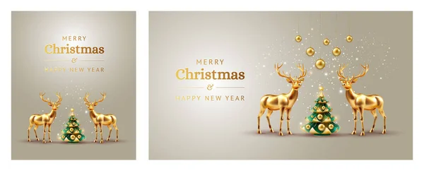 Tarjetas Navidad Con Árbol Navidad Ciervos Nieve Colgar Decoración Bolas Ilustración De Stock
