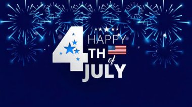 4 Temmuz 'da ABD bayrağı, koyu mavi gece gökyüzünde parlayan havai fişekler ve kalın tipografi ile çevrilebilir video arkaplanı. ABD Bağımsızlık Günü afişleri, döngü başlıkları, sosyal medya, sunumlar için ideal